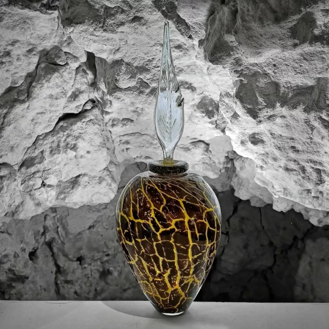 Ce flacon ne contient rien.
Mais il le contient avec style.

Bouchon plume pour l’élégance, décor craquelé pour l’illusion de l’ancienneté, silhouette affûtée pour attirer l’œil et piquer la curiosité.

Il ne sert à rien. Il ne veut pas servir. Il a démissionné du monde fonctionnel.
C’est un flacon de contemplation.
Un flacon existentialiste, peut-être.

#FlaconQuiSeRespecte #BouchonPlumePasPourÉcrire #CraqueléVolontaire #VerreSoufflé #ObjetInutileEssentiel #VerrerieDArtDAmboise #ArtisanatDArt #FormeEtFondEtFlamme #Design